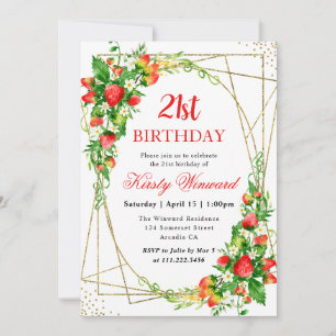Invitation Aquarelle fraises florales Cadre 21e anniversaire