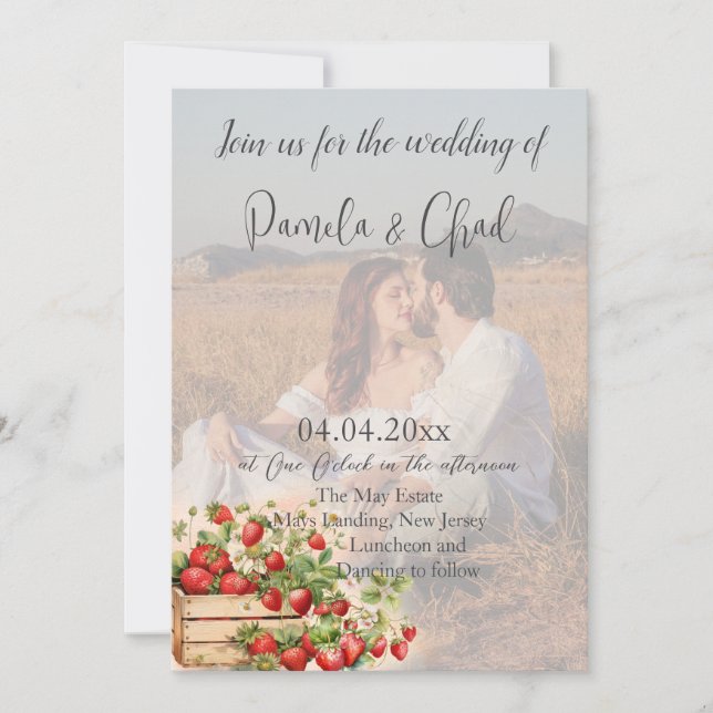 Invitation Aquarelle Fraises Photo Code QR Mariage (Devant)