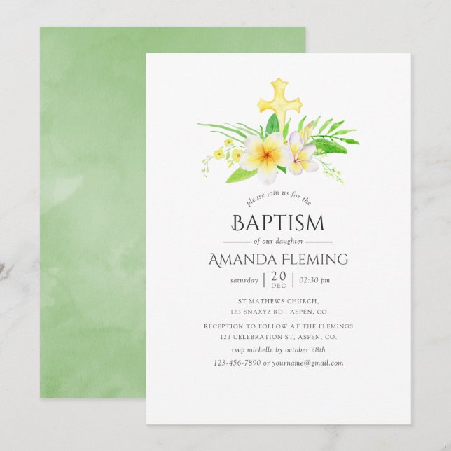 Invitation Aquarelle Frangipani Baptême ou Christening (Devant / Derrière)