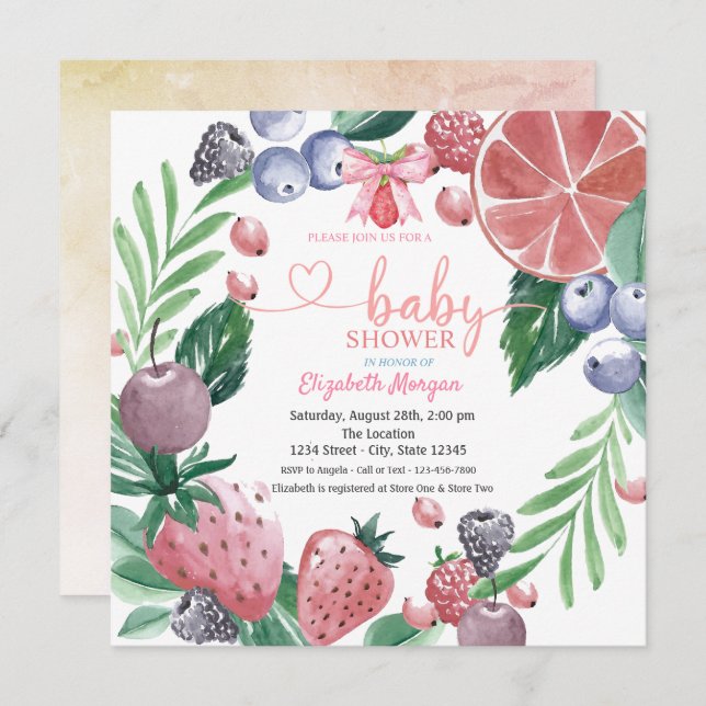 Invitation Aquarelle Fruits Berry Baby shower sucré (Devant / Derrière)