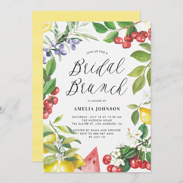 Invitation Aquarelle Fruits d'été Brunch nuptial floral (Devant / Derrière)