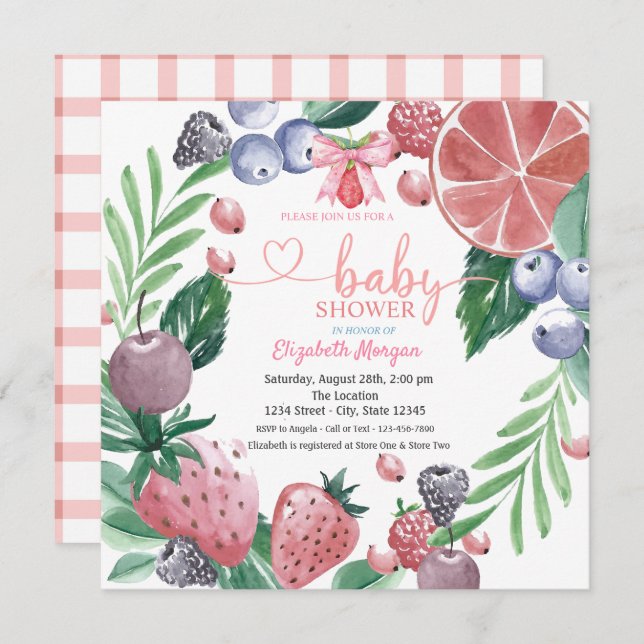 Invitation Aquarelle Fruits Plaid Berry Rouge Sweet (Devant / Derrière)