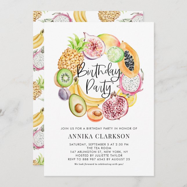 Invitation Aquarelle Fruits tropicaux Fête d'été (Devant / Derrière)