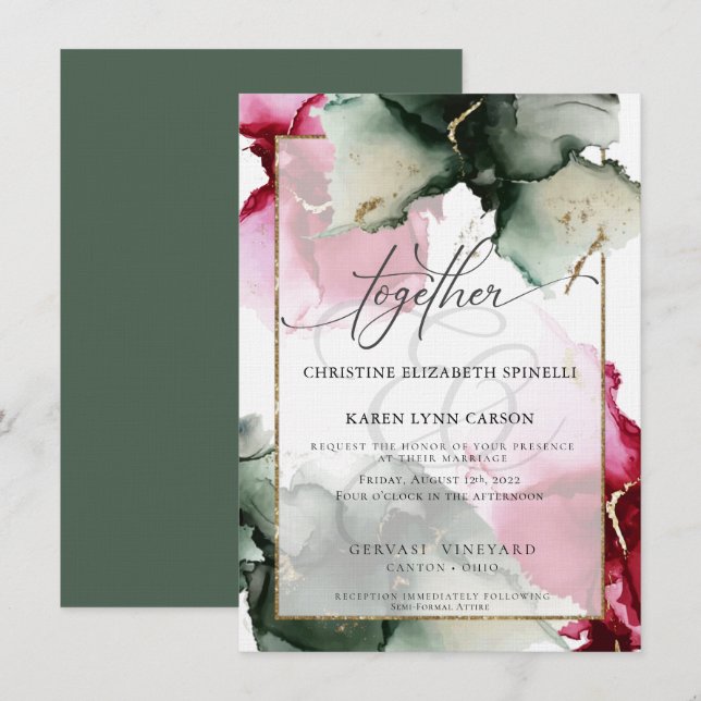 Invitation Aquarelle Fuchsia 4 PERSONNALISÉE et vert Sage (Devant / Derrière)