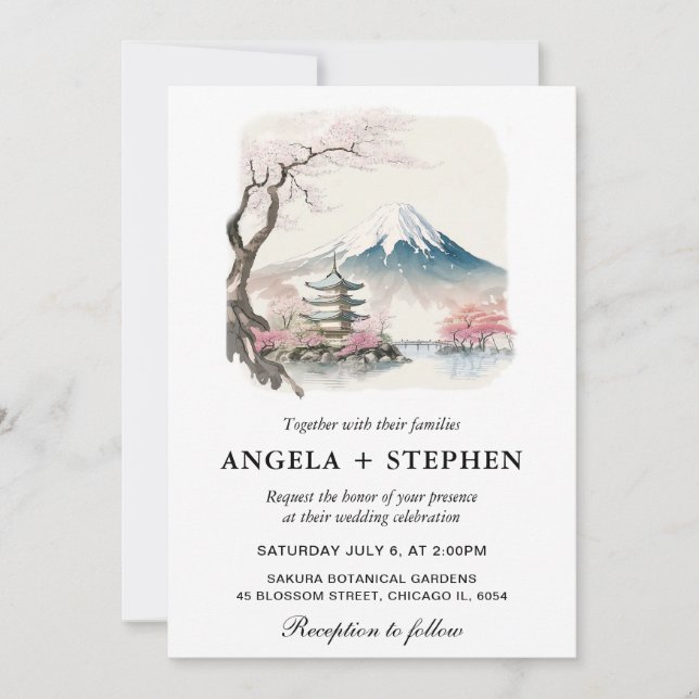 Invitation Aquarelle Fuji japonais et Pagode Mariage Pittores (Devant)