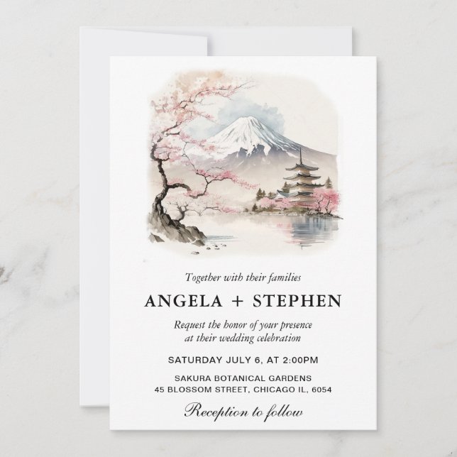 Invitation Aquarelle Fuji japonais et Pagode Mariage Pittores (Devant)