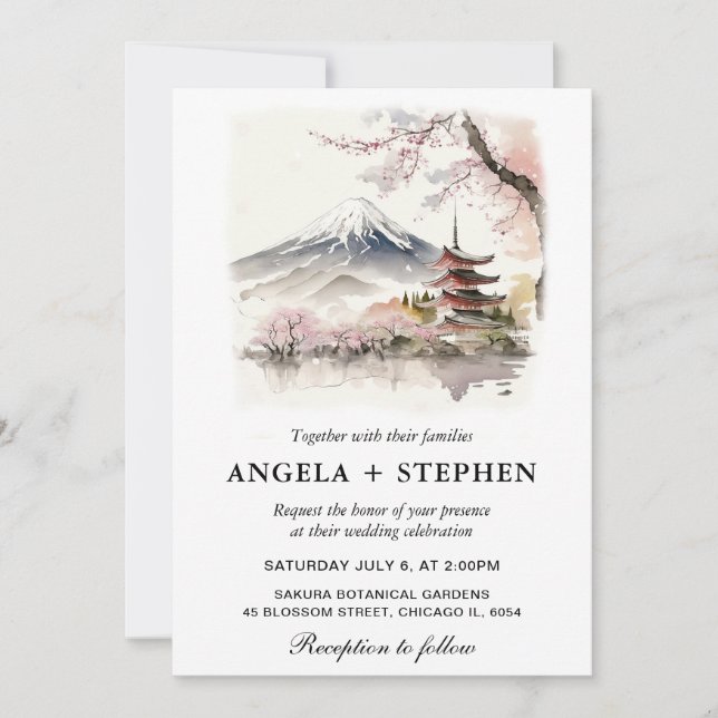 Invitation Aquarelle Fuji japonais et Pagode Mariage Pittores (Devant)