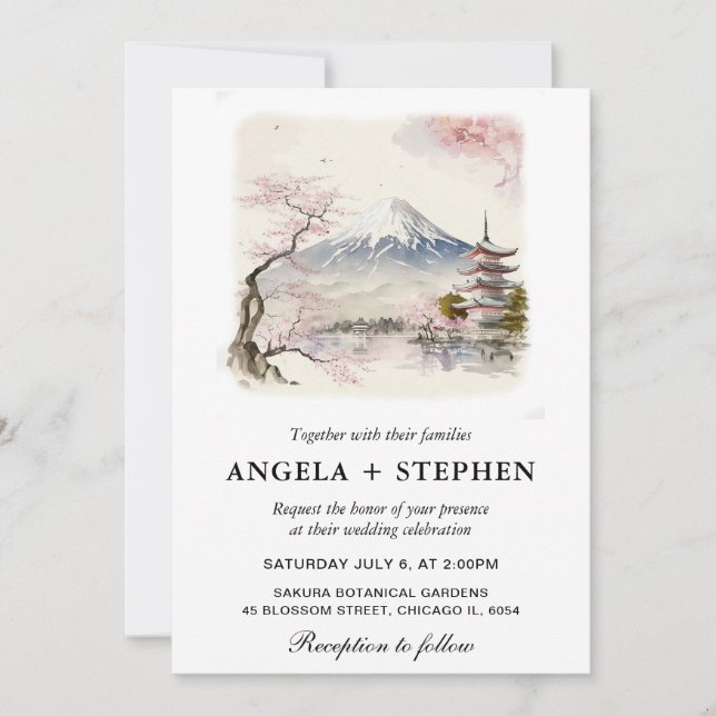 Invitation Aquarelle Fuji japonais et Pagode Mariage Pittores (Devant)