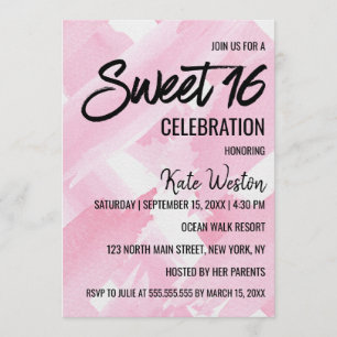 Invitation Aquarelle Géante Rose Fille Brosses Sweet 16