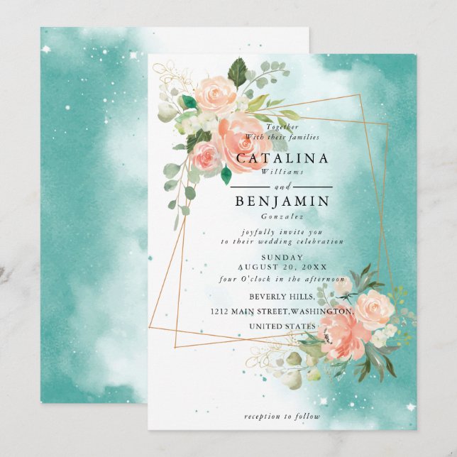 Invitation Aquarelle Géométrique Blush rose Mariage Floral (Devant / Derrière)