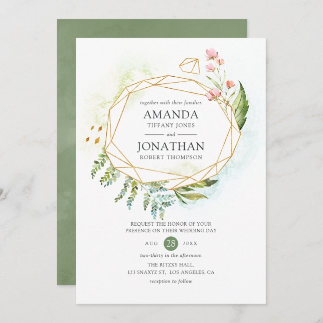 Invitation Aquarelle Géométrique Cristal Mariage (Devant / Derrière)