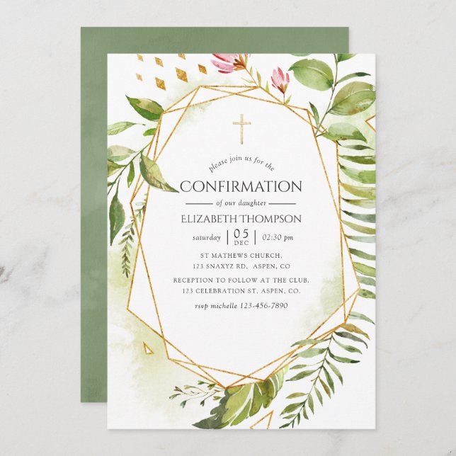 Invitation Aquarelle Géométrique Cristal Vert Confirmation (Devant / Derrière)