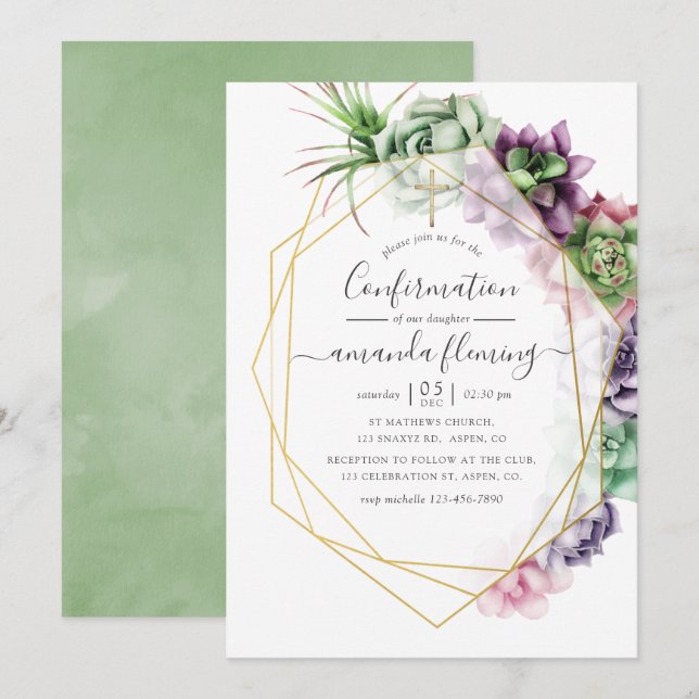 Invitation Aquarelle Géométrique de Succulente de Confirmatio (Devant / Derrière)