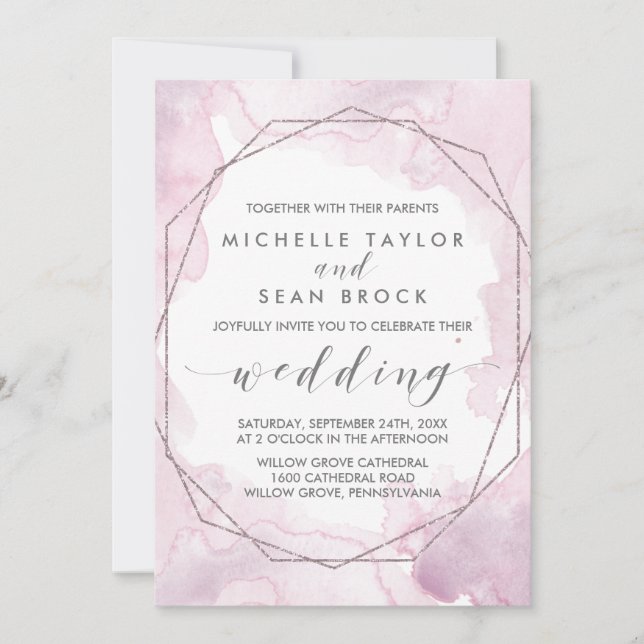 Invitation Aquarelle géométrique | Mariage rose et Rose or (Devant)