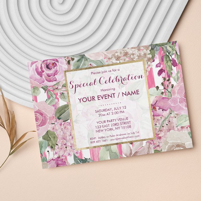 Invitation Aquarelle géométrique rose Vert floral Événement (Watercolor geometric pink Green floral Event Invitation )