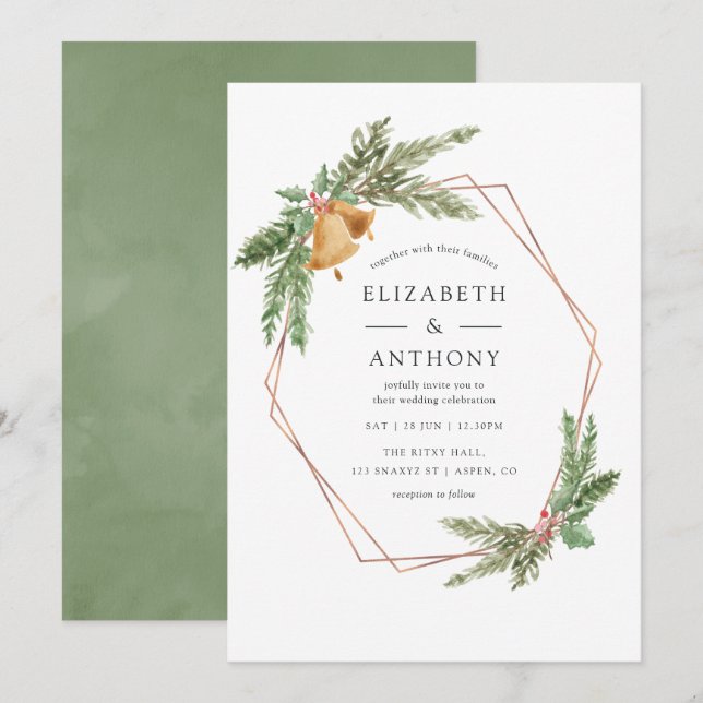 Invitation Aquarelle Geometry Holly Jolly Mariage de Noël (Devant / Derrière)