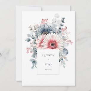 Invitation Aquarelle gerbera marguerite bleu poussiéreux élég