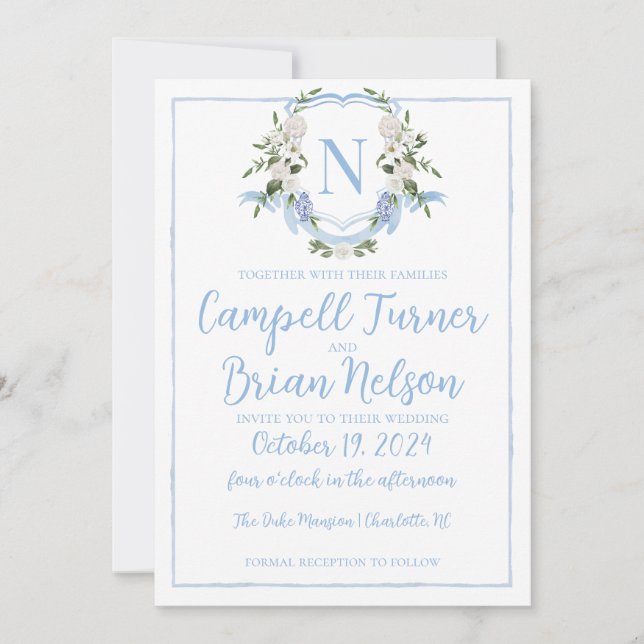 Invitation Aquarelle Ginger Jar Monogram Crest, Bleu Blanc (Devant)