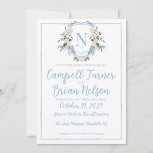 Invitation Aquarelle Ginger Jar Monogram Crest, Bleu Blanc