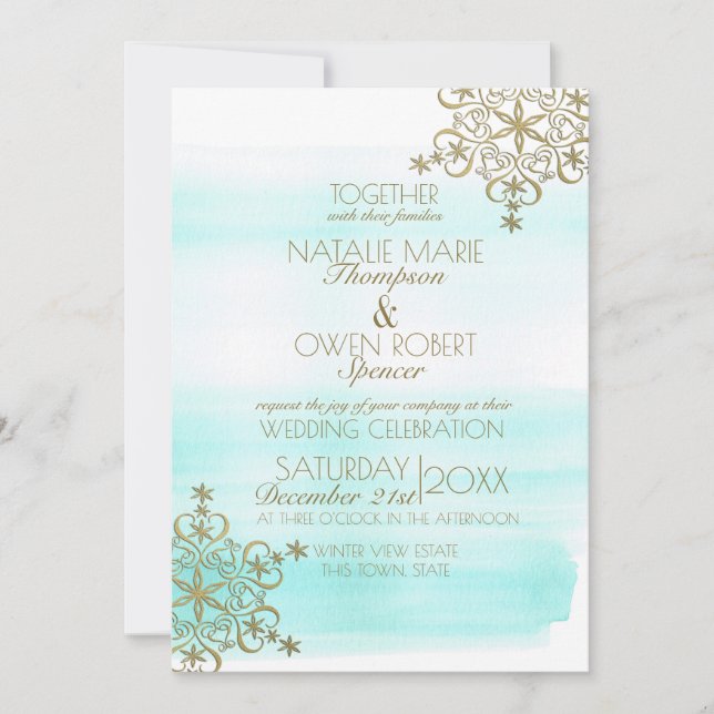 Invitation Aquarelle Glace et flocons d'or Mariage hivernal (Devant)