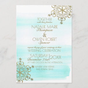 Invitation Aquarelle Glace et flocons d'or Mariage hivernal