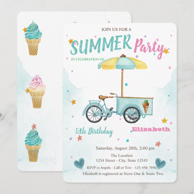 Invitation Aquarelle Glace Vélo Étoiles Anniversaire (Devant / Derrière)