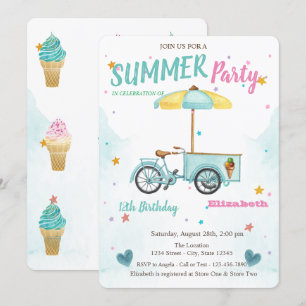 Invitation Aquarelle Glace Vélo Étoiles Anniversaire