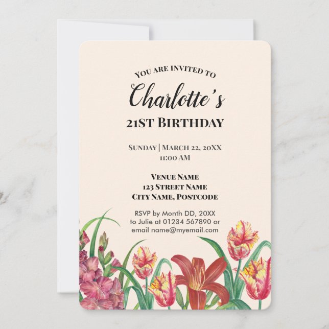 Invitation Aquarelle Gladioli Tulips Lily fête d'anniversaire (Devant)