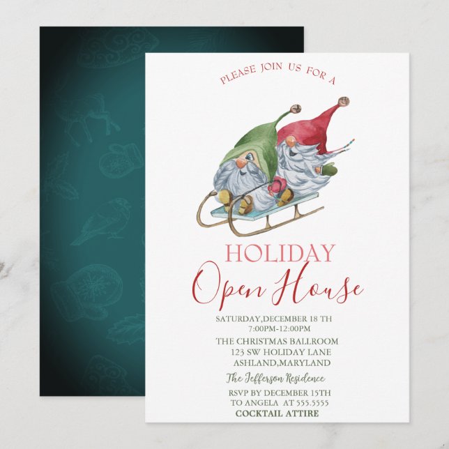 Invitation Aquarelle Gnomes Sleigh Open House (Devant / Derrière)