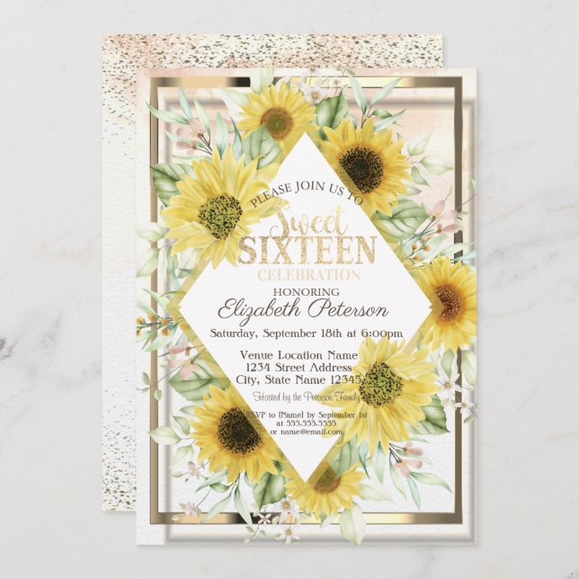 Invitation Aquarelle Gold Frame Sunflowers Sweet 16 (Devant / Derrière)