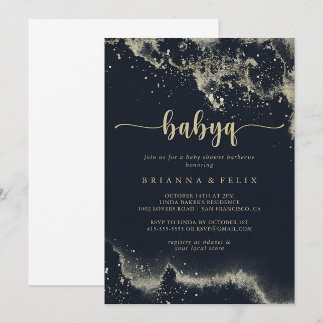 Invitation Aquarelle Gold Splash BabyQ Baby shower Barbecue (Devant / Derrière)