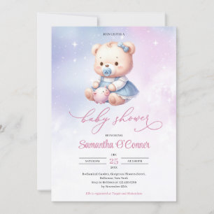 Invitation Aquarelle gracieuse ours rose pastel pourpre