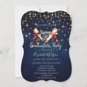 Invitation Aquarelle Grad Diplôme Casquette Étoiles