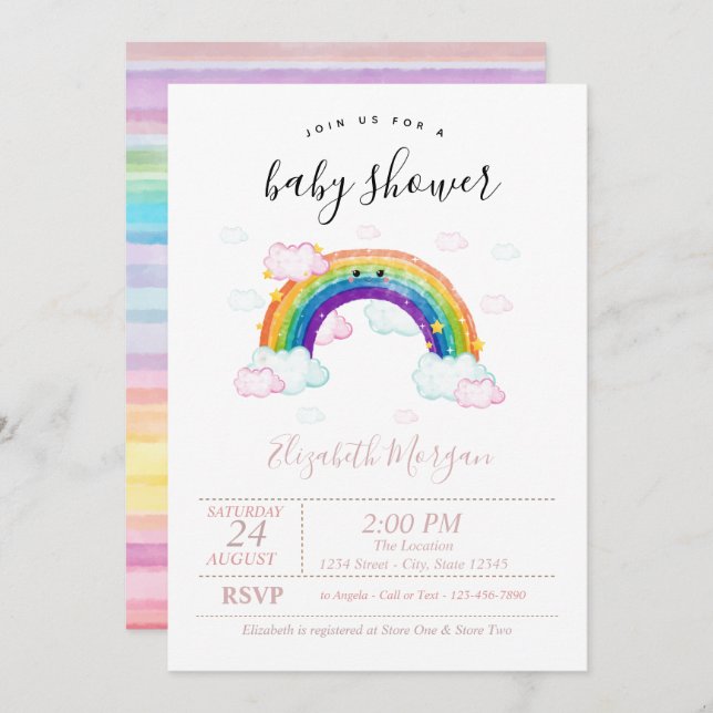 Invitation Aquarelle Grandes colorées Baby shower arc-en-ciel (Devant / Derrière)