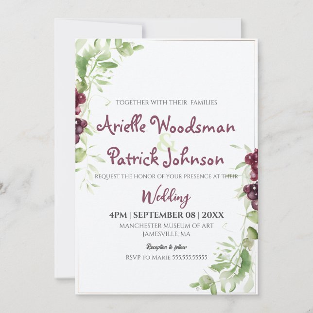 Invitation Aquarelle Grape Mariage peinture minimaliste (Devant)
