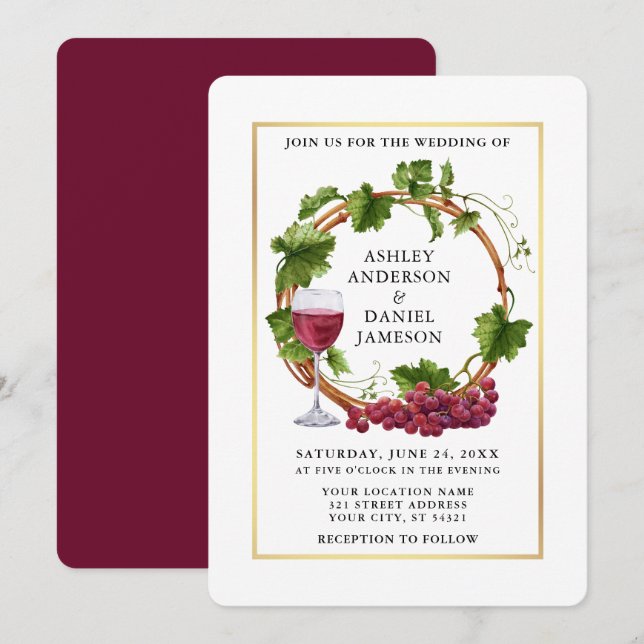 Invitation Aquarelle Grappe Vins Wreath Gold Frame Mariage (Devant / Derrière)