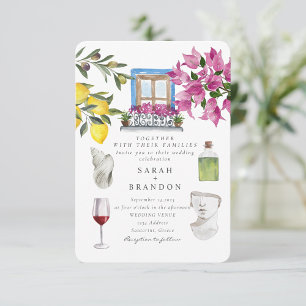 Invitation Aquarelle Grèce Mariage Bleu carreau