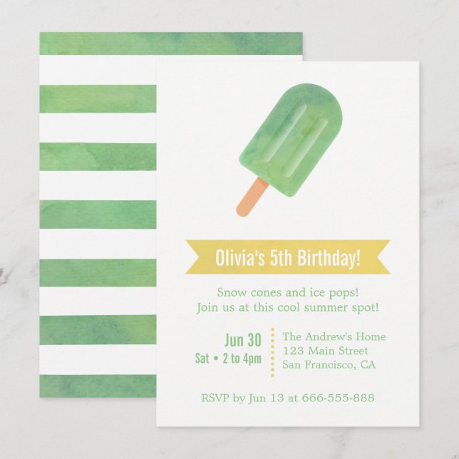 Invitation Aquarelle Green Ice Pop Lolly fête d'anniversaire (Devant / Derrière)