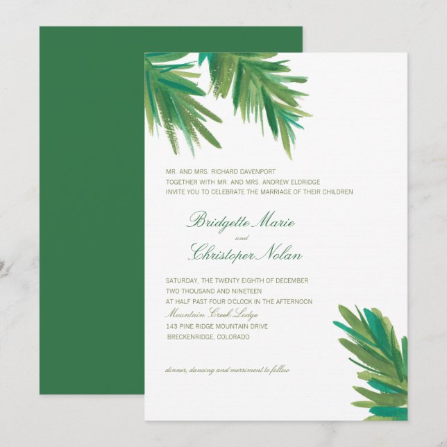Invitation Aquarelle Green Pine Woods | MARIAGE (Devant / Derrière)