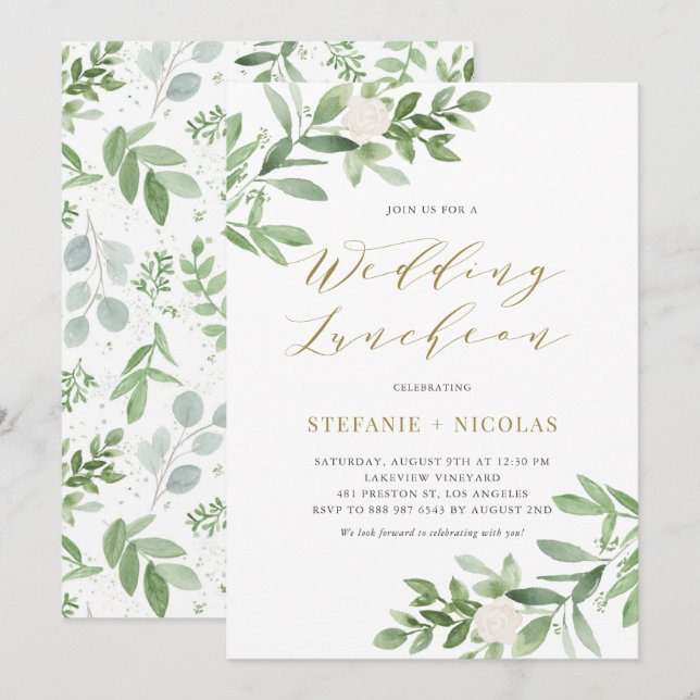 Invitation Aquarelle Greeney Blanc Floral Mariage déjeuner (Devant / Derrière)