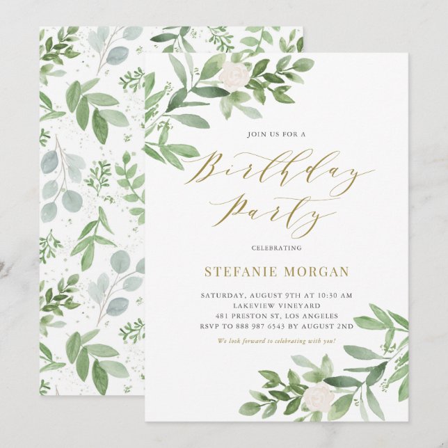 Invitation Aquarelle Greeney et Fleur blanche fête d'annivers (Devant / Derrière)