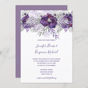 Invitation Aquarelle gris argenté violet Mariage floral
