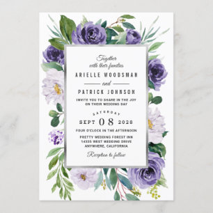 Invitation Aquarelle gris argenté violet Mariage floral