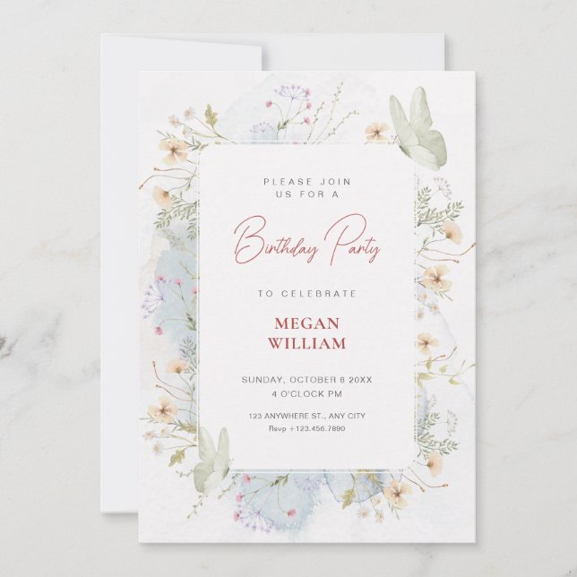 Invitation Aquarelle gris blanc fleur sauvage (Devant)