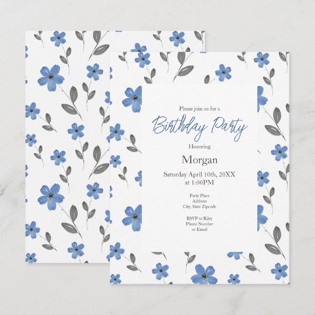 Invitation Aquarelle gris bleu Cinq Motifs de fleurs pétales (Devant / Derrière)