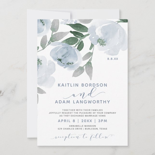 Invitation Aquarelle gris bleu foncé Mariage floral (Devant)