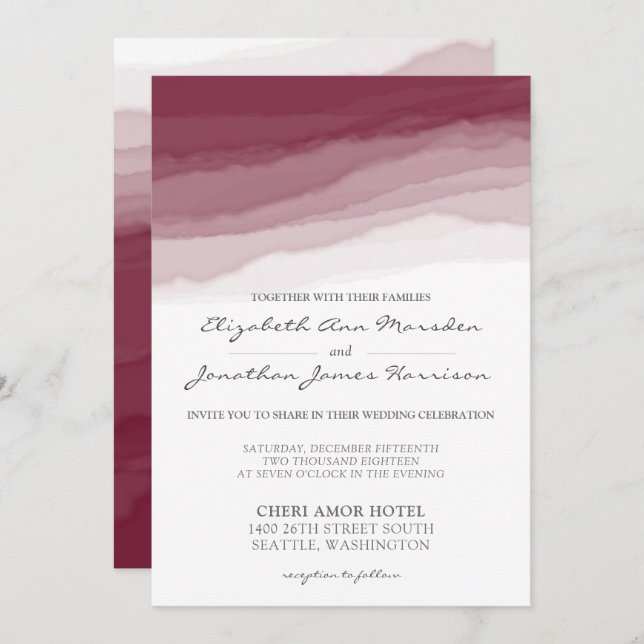 Invitation Aquarelle Gris Bourgogne Moderne Tout en un Mariag (Devant / Derrière)