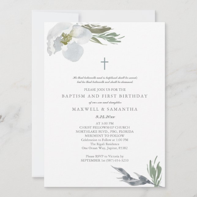Invitation Aquarelle gris cool Florales Twins Baptême (Devant)