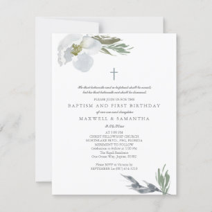 Invitation Aquarelle gris cool Florales Twins Baptême