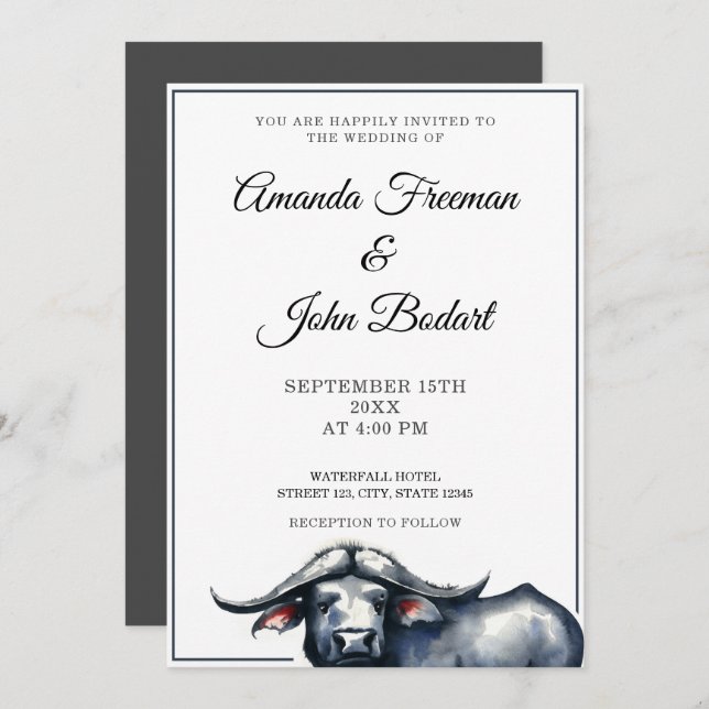 Invitation Aquarelle Gris et Buffalo noir Mariage occidental (Devant / Derrière)
